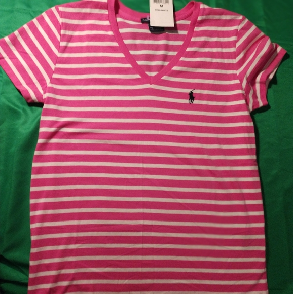 Ralph Lauren Tops - Ralph Lauren Polo Sport Pink And White Striped T-shirt Size Med NWT